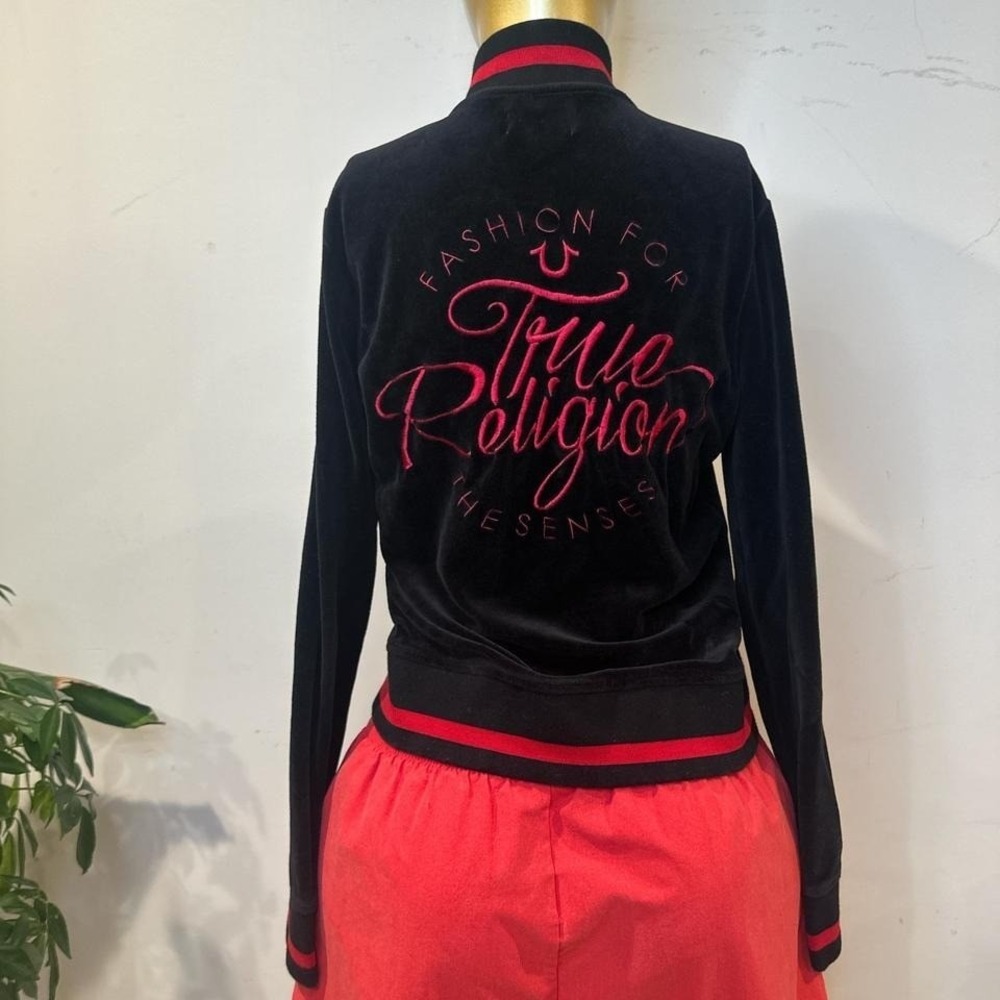 True Religon Velour Velvet Bomber Jacket Black & red zip-up jacket SMALL